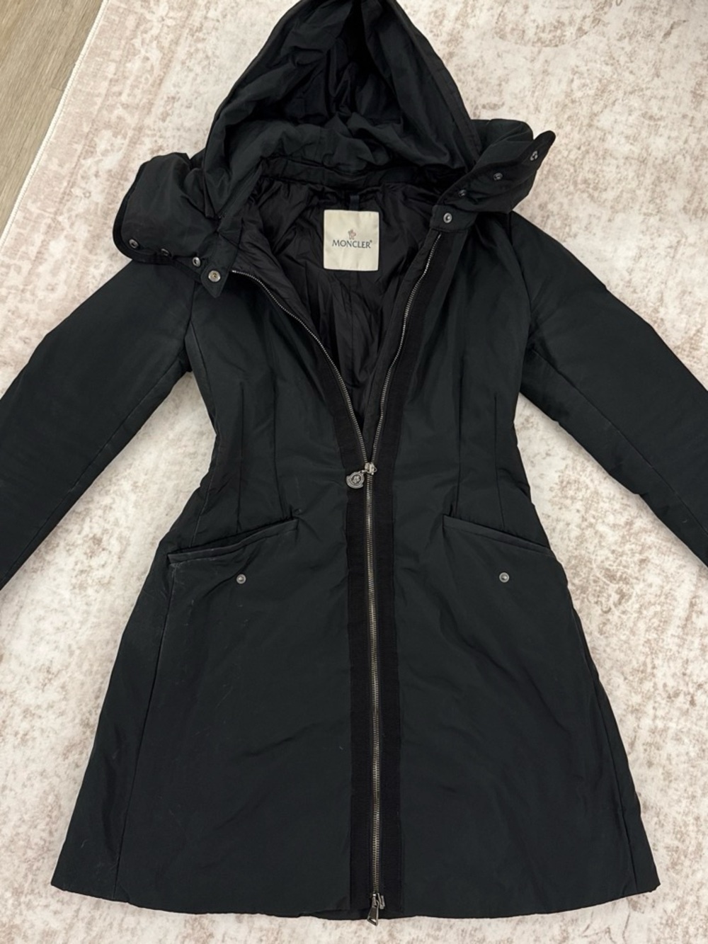Moncler Cinched Black Hooded Long Puffer Coat